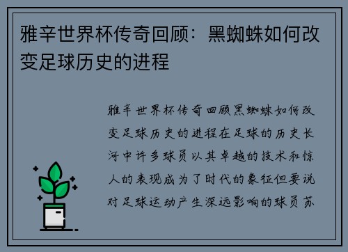 雅辛世界杯传奇回顾：黑蜘蛛如何改变足球历史的进程