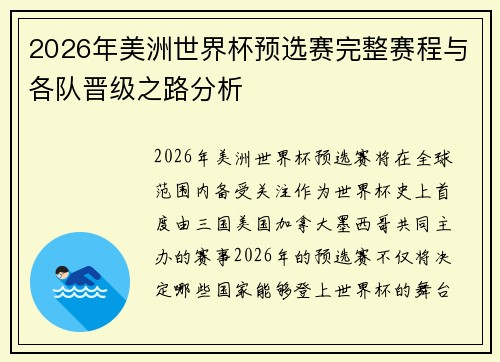 2026年美洲世界杯预选赛完整赛程与各队晋级之路分析