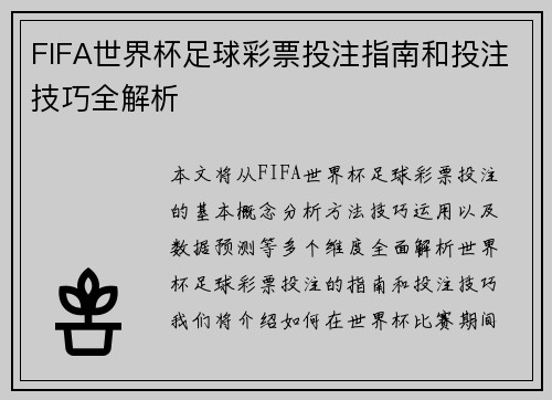 FIFA世界杯足球彩票投注指南和投注技巧全解析