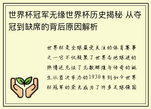 世界杯冠军无缘世界杯历史揭秘 从夺冠到缺席的背后原因解析