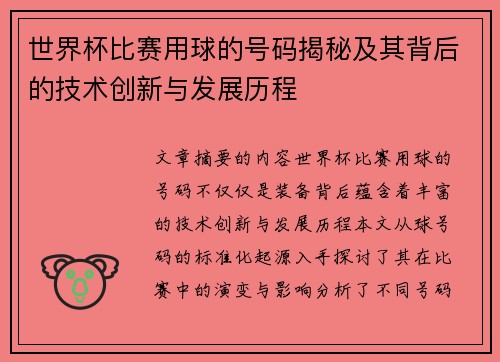 世界杯比赛用球的号码揭秘及其背后的技术创新与发展历程